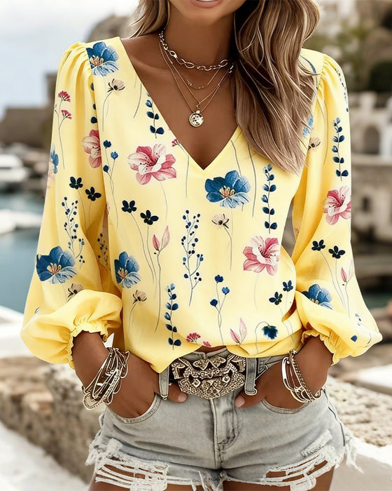 Lantern Sleeve V-Neck Floral Blouse