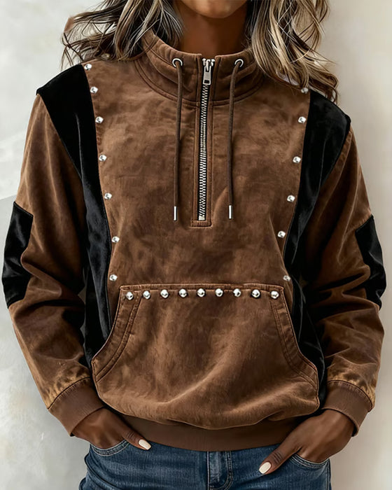 Zipper Color-Block Relaxed Sweatshirt