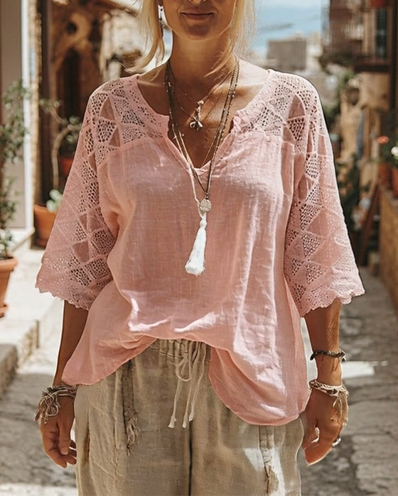 Solid-Color Paneled V-Neck Blouse