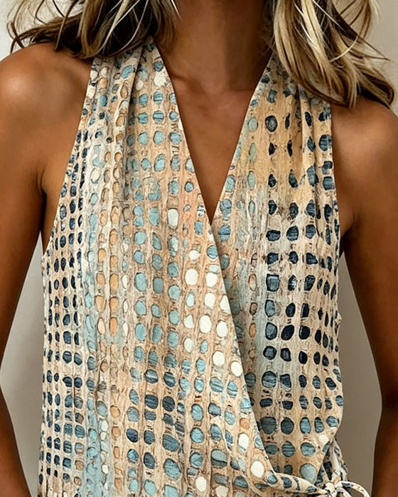 V-Neck Cross Halter Polka Dot Sleeveless Blouse