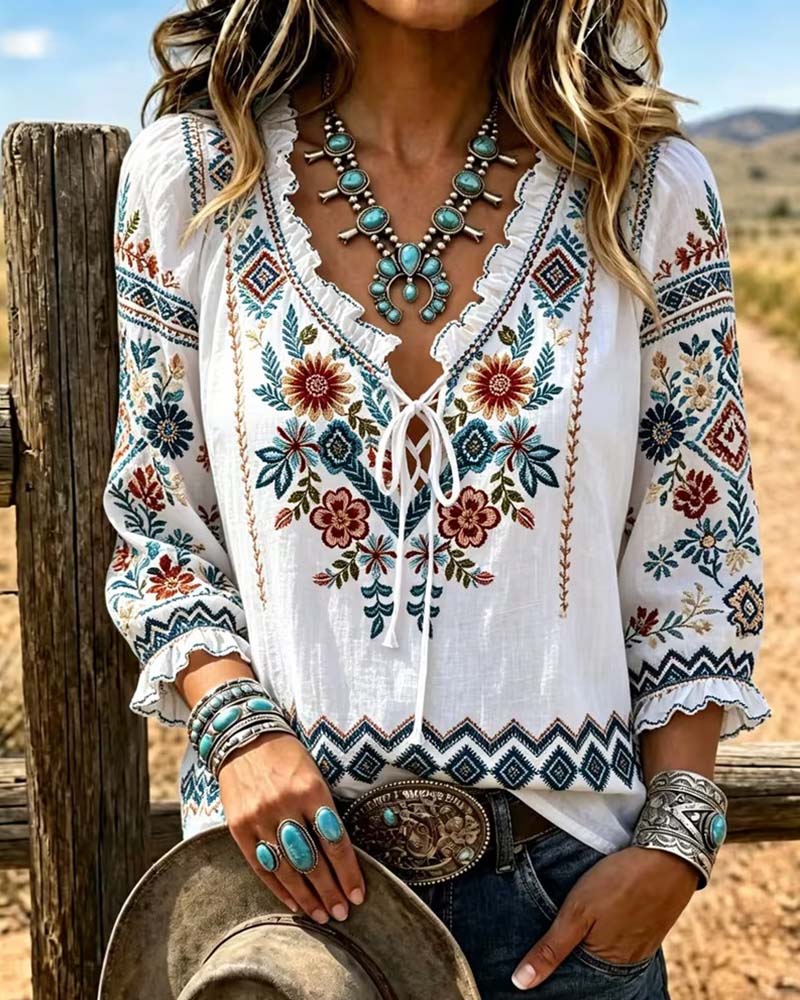 V-Neck Bohemian Ruffle Blouse