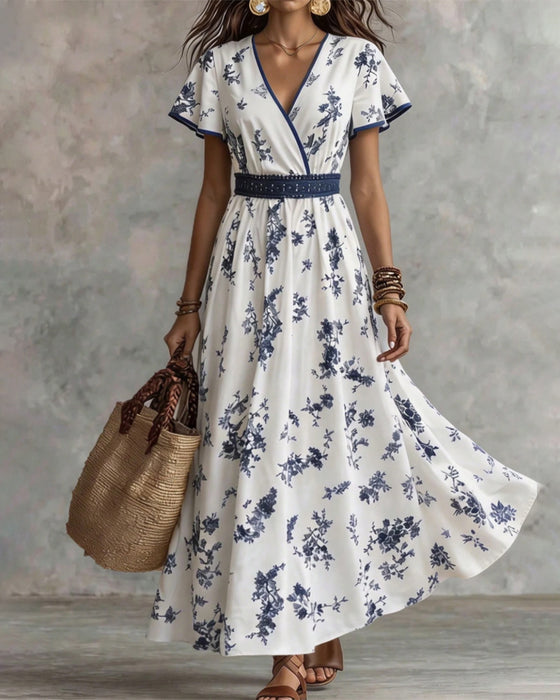 V-Neck Cinched-Waist Floral Maxi Dress