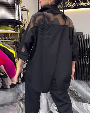 Lapel lace stitching flower blouse