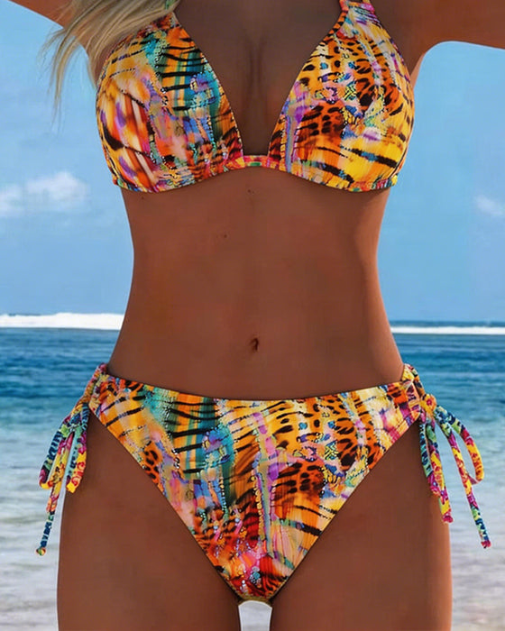 Colorful Leopard Print Halterneck Bikini
