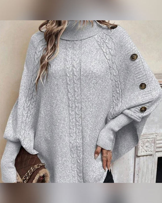 Turtleneck Irregular Cable Button Pullover