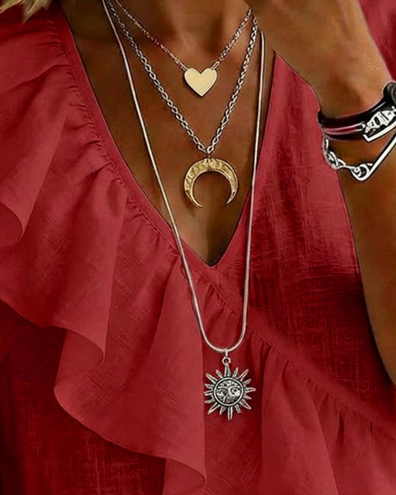 V-Neck Short-Sleeve Ruffled Blouse