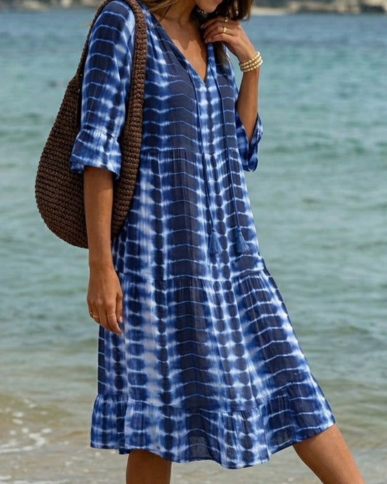 V-Neck Blue Tone Print Dress