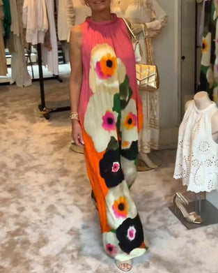 Sleeveless floral print casual long dress