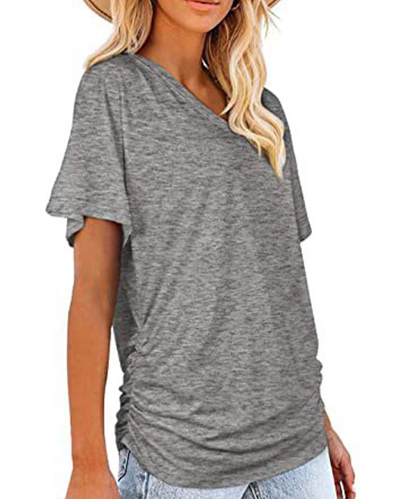 Pleated Solid Color V-Neck T-Shirt