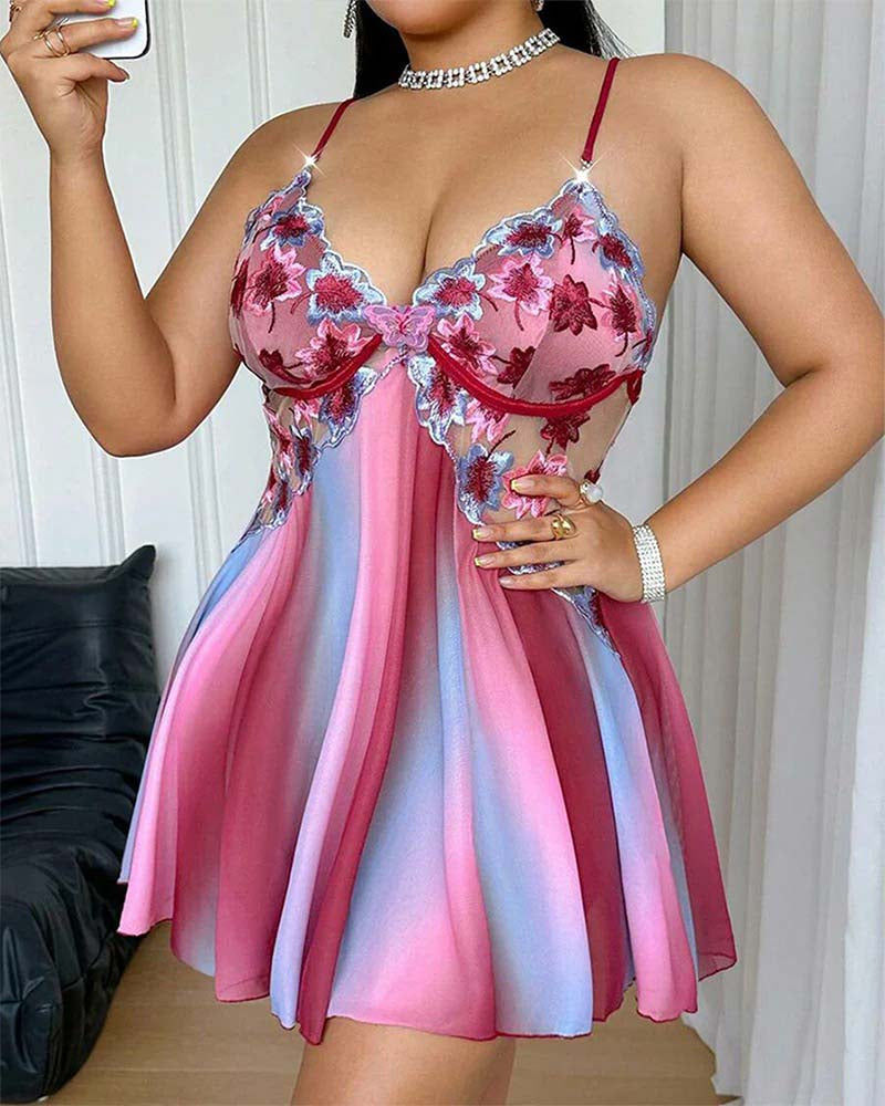 Plus Size Colorful Embroidered Camisole Nightgown