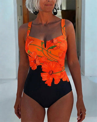 Square Neck Halter Strap Floral Swimsuit One-Piece