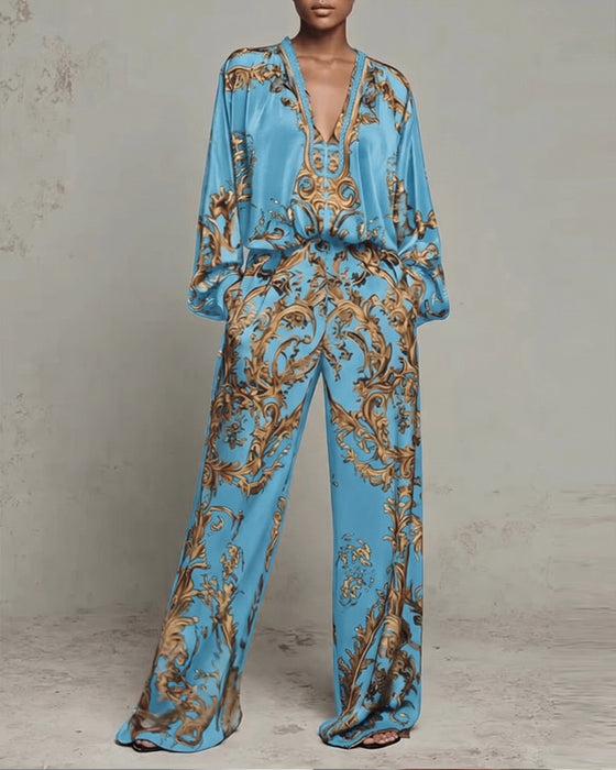 V-Neck Lantern Sleeve Wide Leg Pant Set