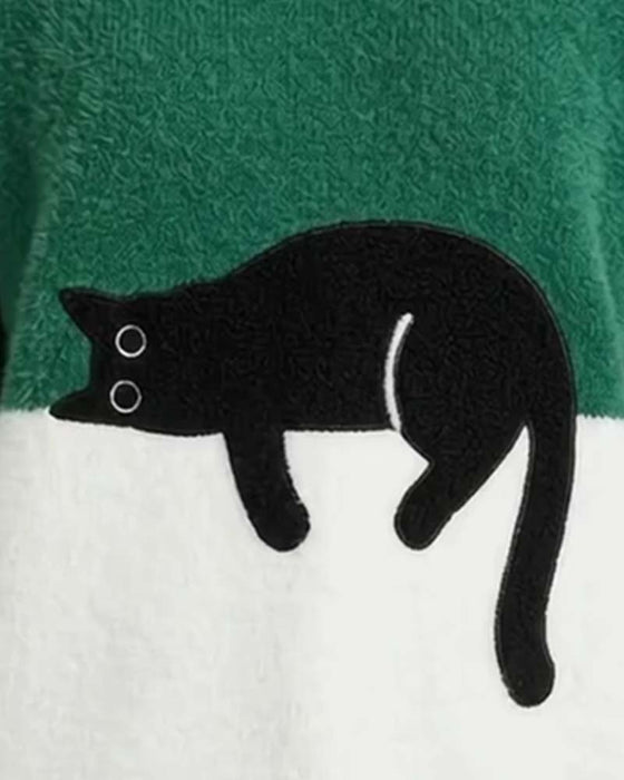 Crewneck Contrast Color Cat  Pullover