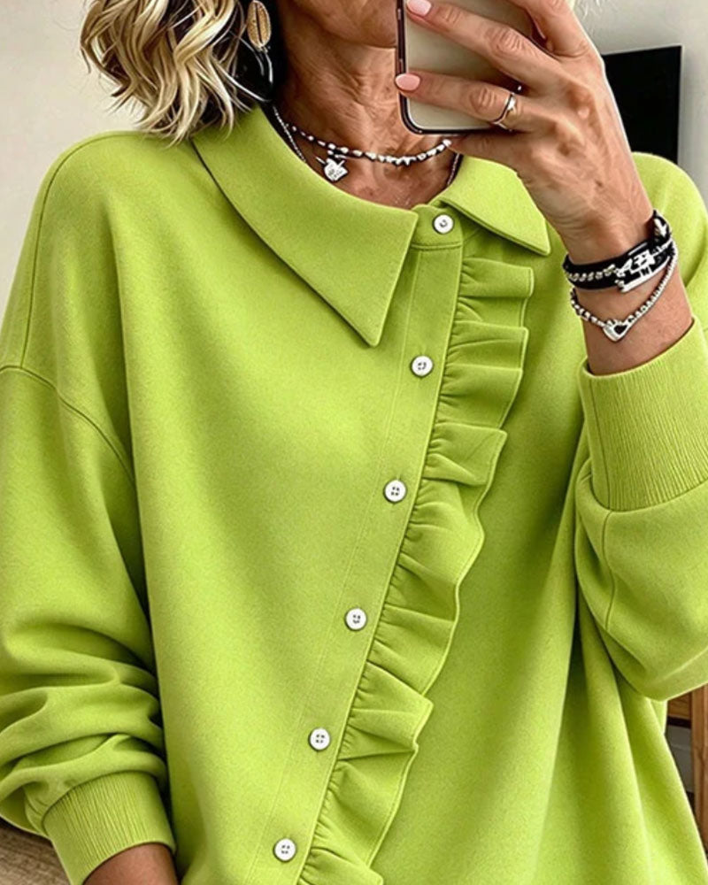 Lapel Ruffled Diagonal Button Sweatshirt