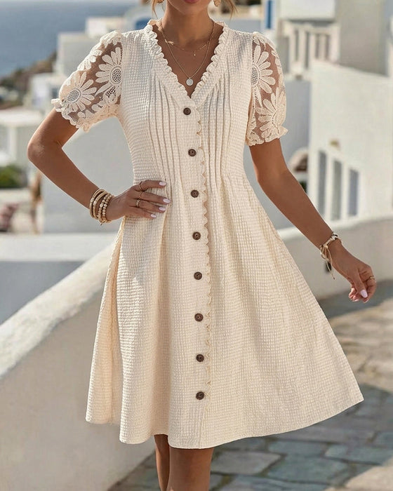 Puff Sleeve Sunflower Lace Patchwork Dress