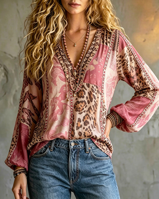 V-Neck Leopard Print Color Block Lantern Sleeve Blouse