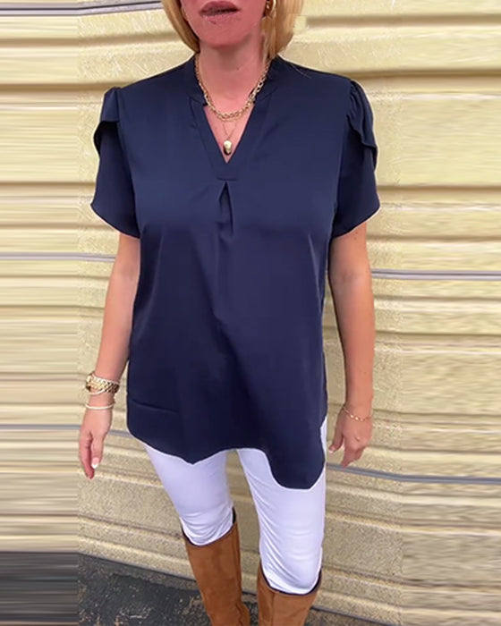 Solid Color V-Neck Pleated All-Match Blouse