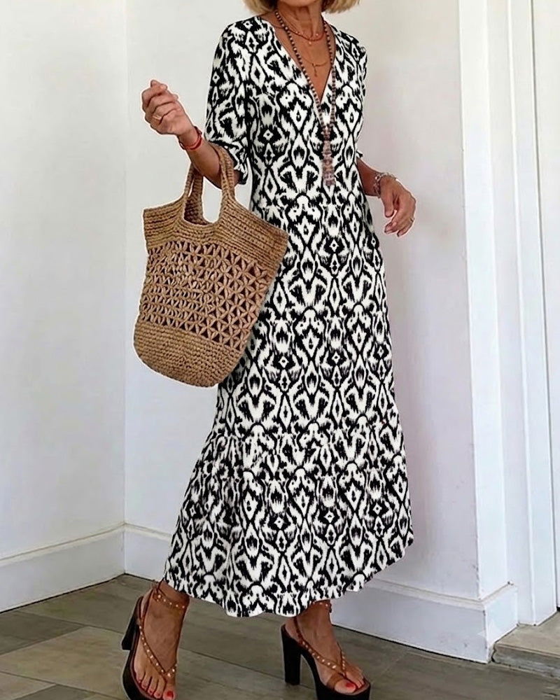 V-Neck Mid-Length Sleeve Ruffle A-Line Dress