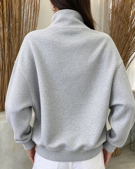 High Collar Buttoned Long Sleeve Sweatshirt