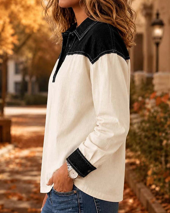 Color Block Lapel Blouse