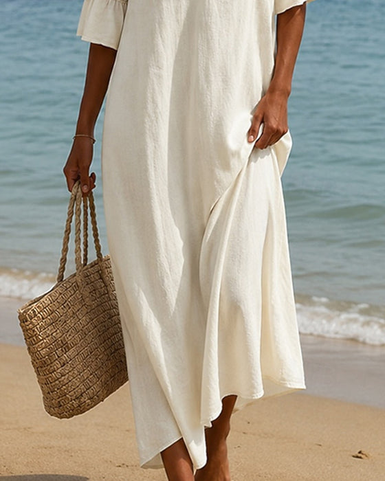 Deep V Ruffle Sleeve Hollow Lace Dress