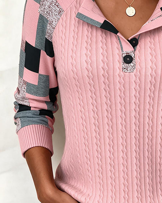 Color Block Henley Collar Long-Sleeve Buttoned Sweatshirt