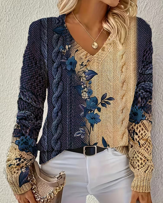 Gradient Color Block Floral V-Neck Hollow Out Pullover