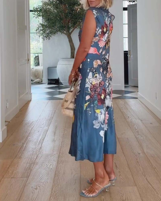 High Neck Sleeveless Floral Fitted Dress