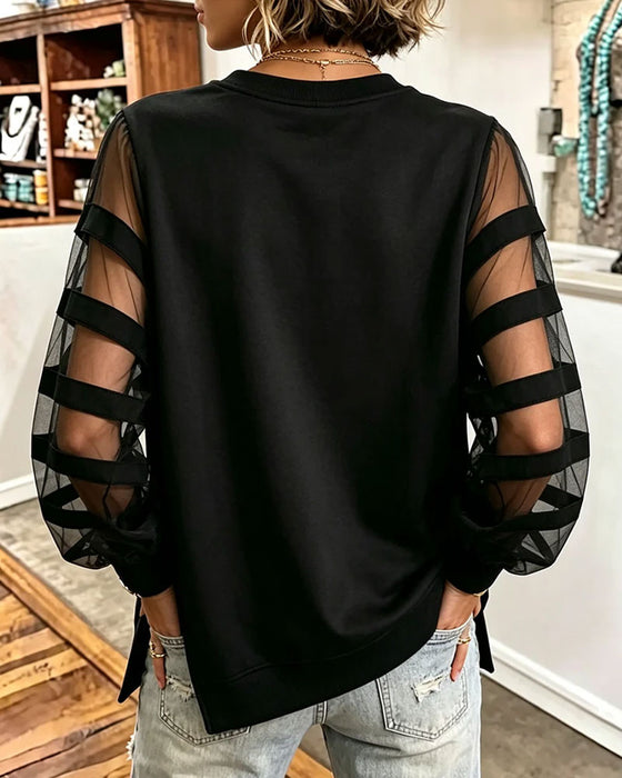 Round Neck Slit Solid Color Tulle Sweatshirt