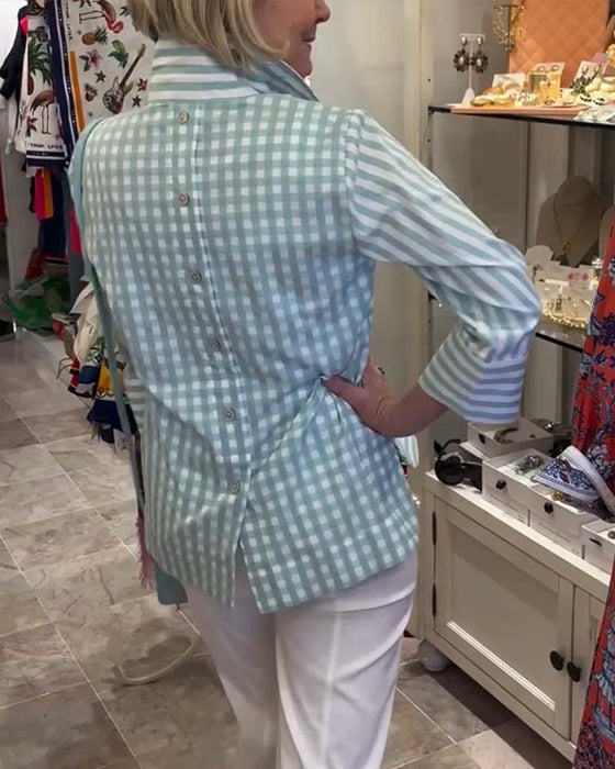 Striped Lapel Three-Quarter Sleeve Blouse