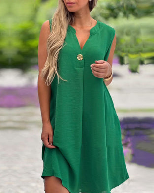 Sleeveless V-Neck Button Dress