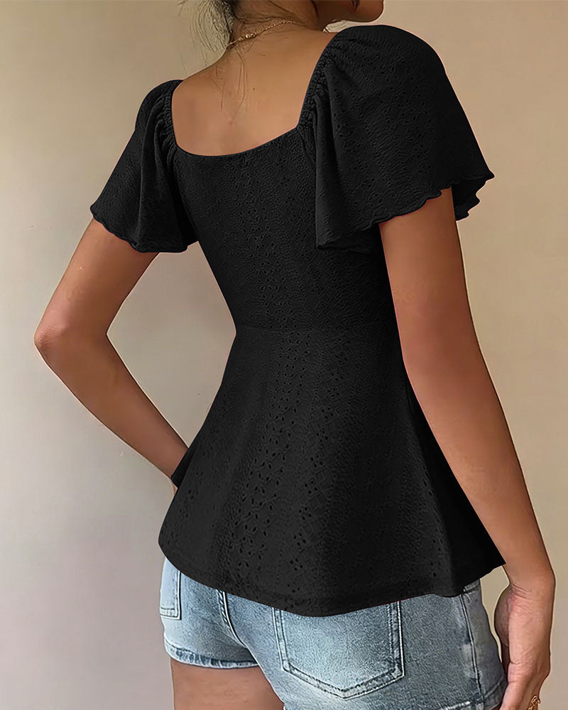 Hollow-Out Drawstring Short Sleeve Solid Color Blouse