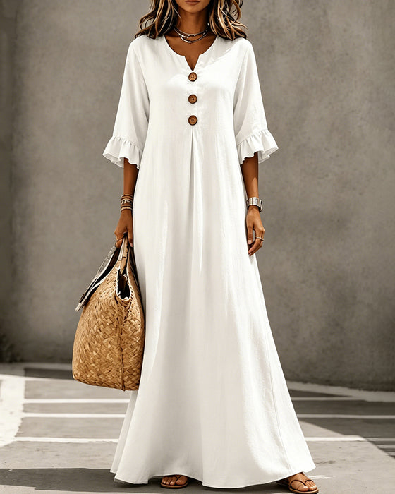 V-Neck Button Ruffle Full Skirt Dress