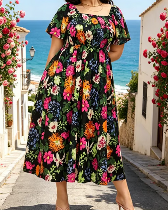 Square Neck Large Floral Midi Dress
