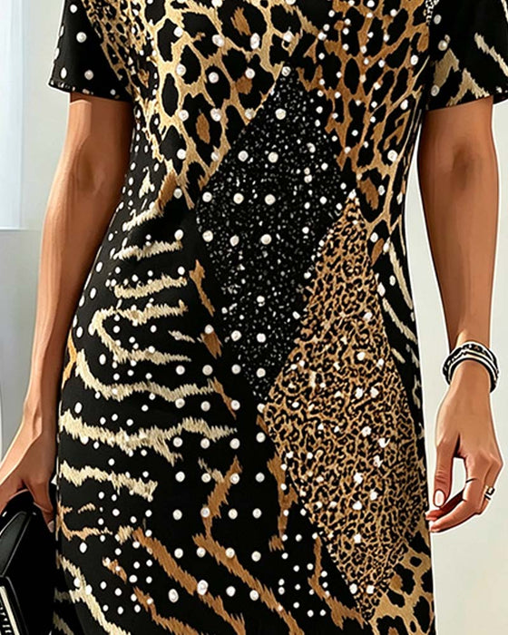 Leopard Print Crew Neck Short Sleeve Patchwork Dress