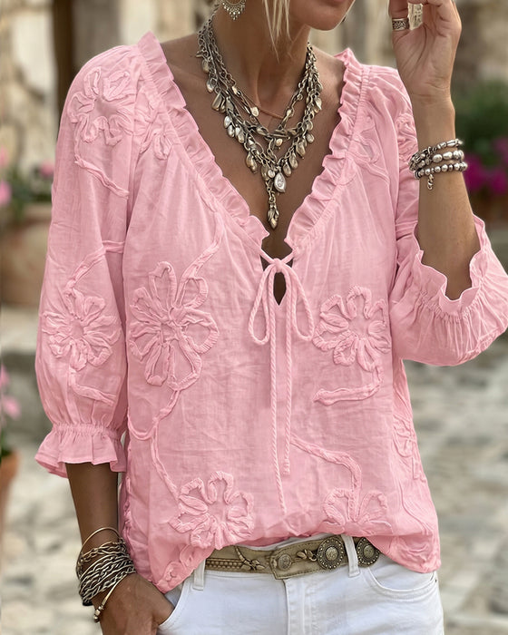 V-Neck Wrap Tie Ruffled Blouse
