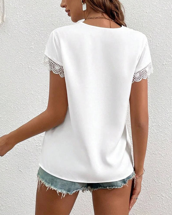 Lace Hollow Solid Color T-Shirt
