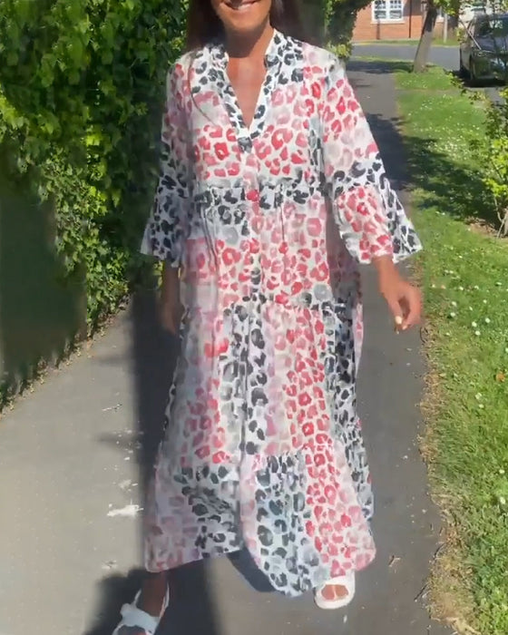 V-neck printed ruffle casual dress