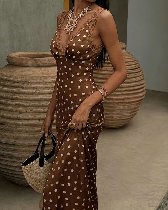V-Neck Polka Dot Lace Patchwork Dresses