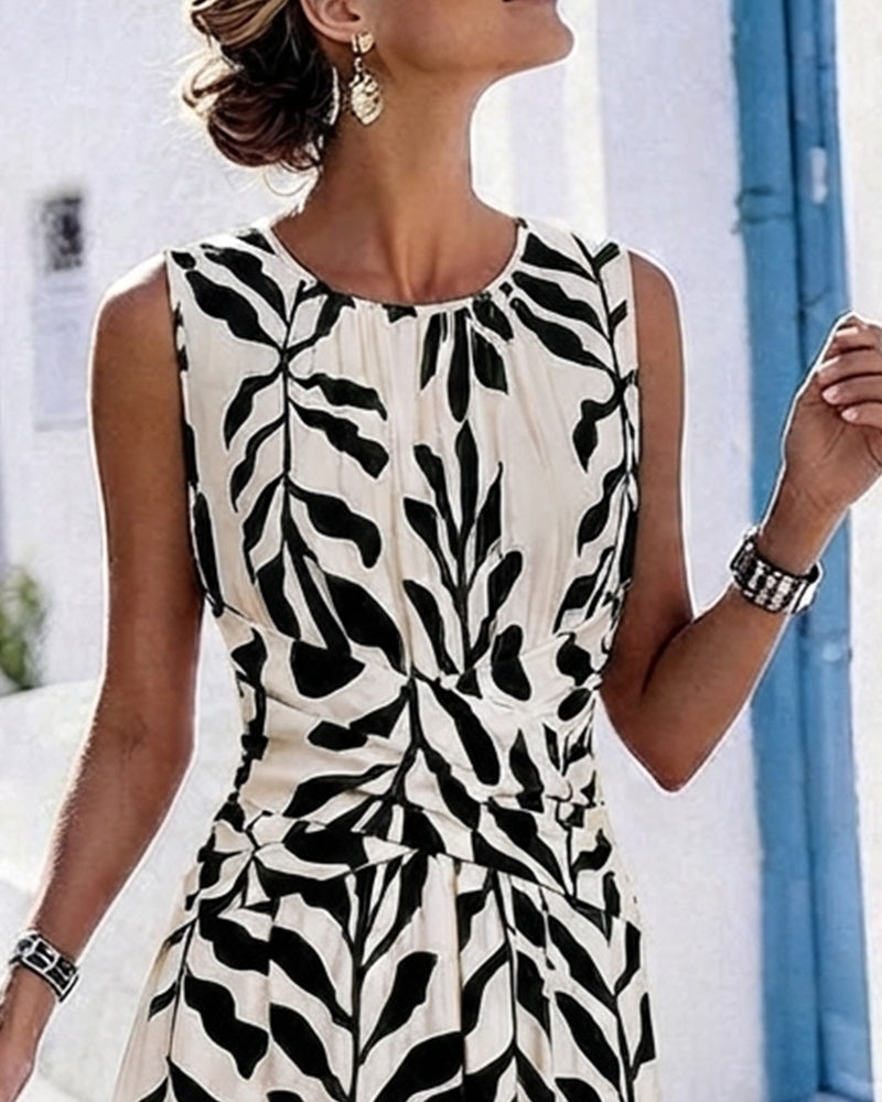 Green Leaves Waist-Cinching Sleeveless Dress