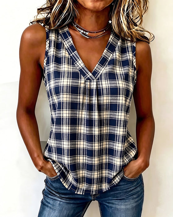 Plaid V-Neck Sleeveless Tank Top