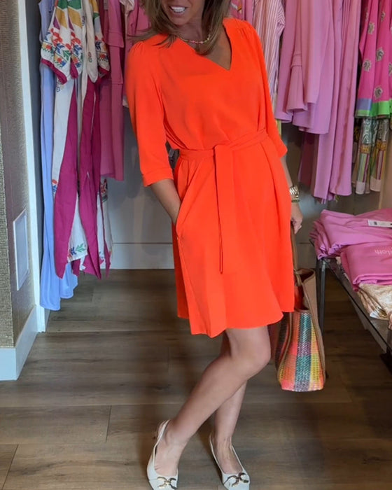 Midi Sleeve Solid Color Dress with Belt