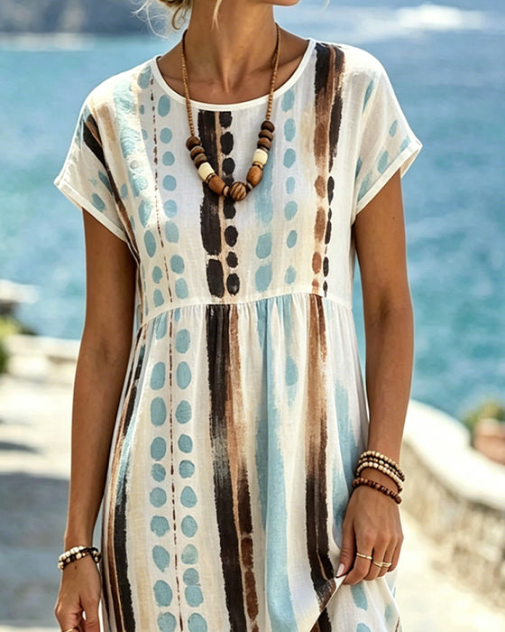 Crew Neck Watercolor Polka Dot Stripe Dress