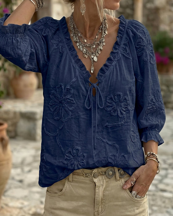 V-Neck Wrap Tie Ruffled Blouse