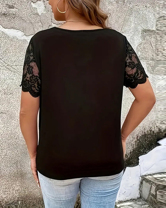Short-Sleeved Lace Panel Blouse