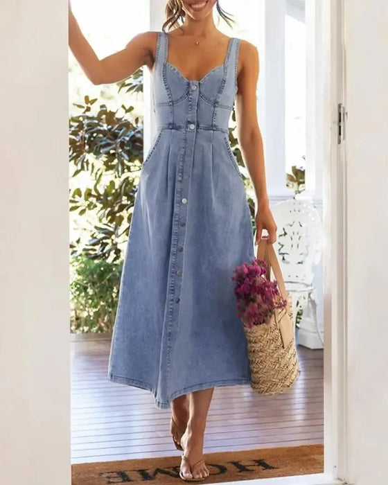 Spaghetti Strap Button Waist-Cinched Denim Dress