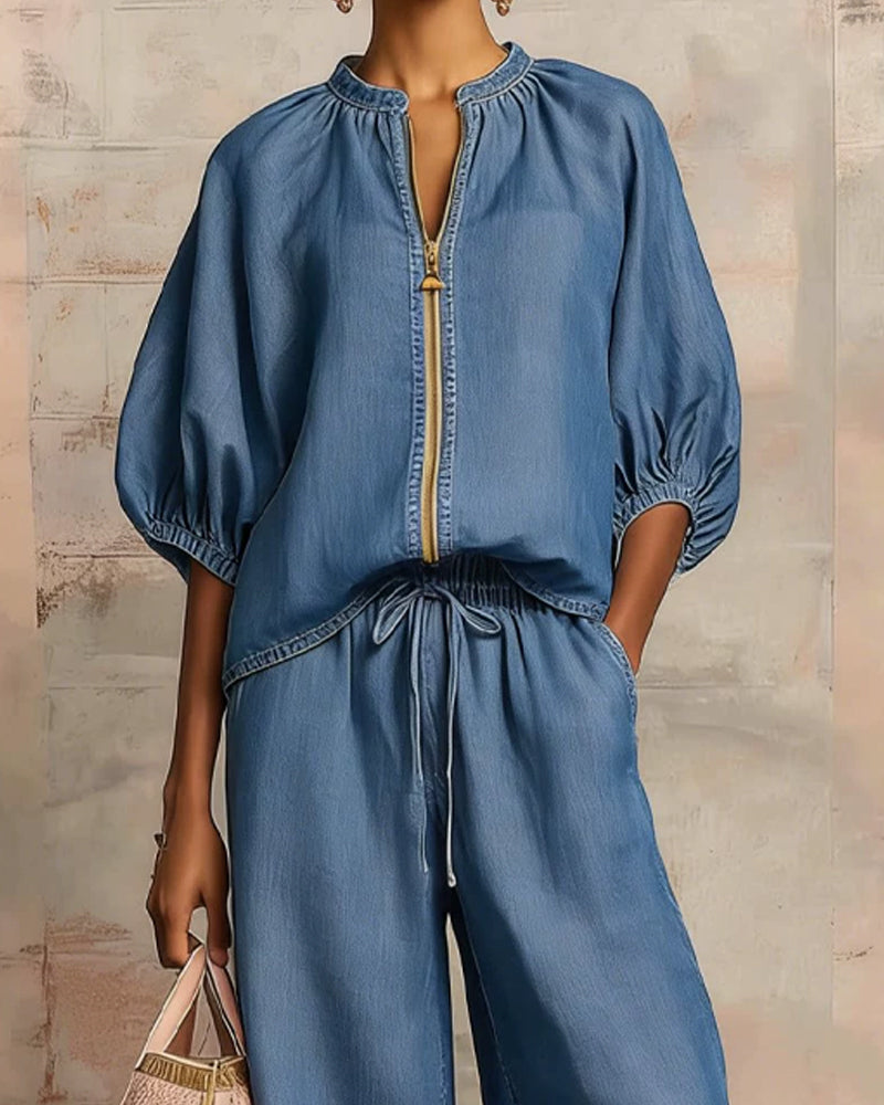 Zipper Crewneck Top Wide Leg Pants Two-Piece Sets