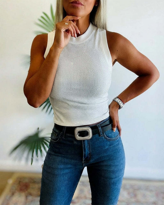 Solid Ribbed Rhinestone Fitted Tank Top