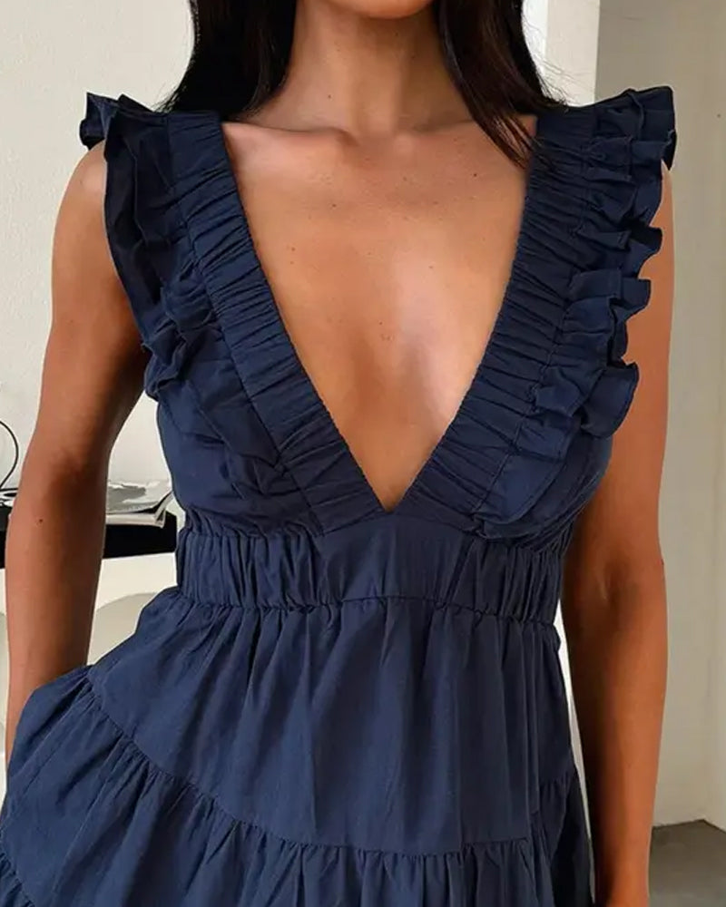 Deep V Ruffle Sleeveless Dress
