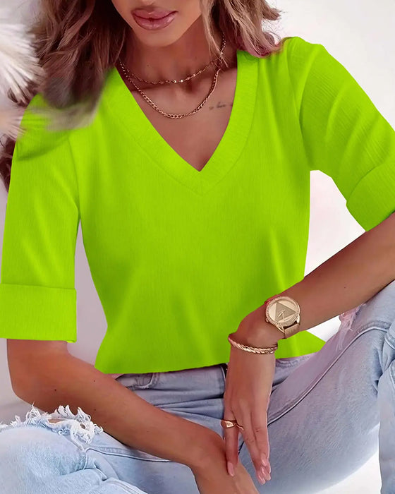 V-Neck Three-Quarter Sleeve Slim Fit Top